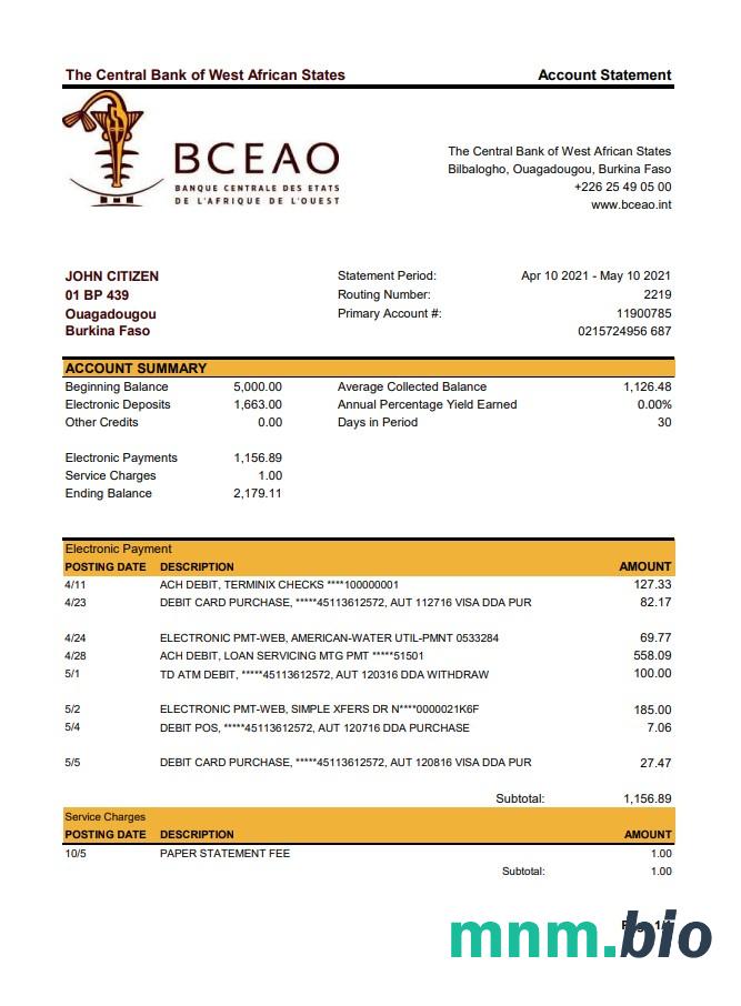 Szablon wyciągu bankowego Burkina Faso Ecobank w programie Word i PDF